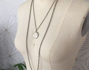 Vintage Locket silver tone double layer long necklace