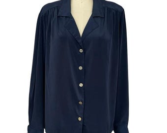 Vintage Sophisticates by Jonathan Martin M Navy Blue Blouse Flowy Office Classic