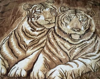 Vintage Queen Tiger Animal Plush Acrylic Korean Mink Reversible Blanket Sz 89x77