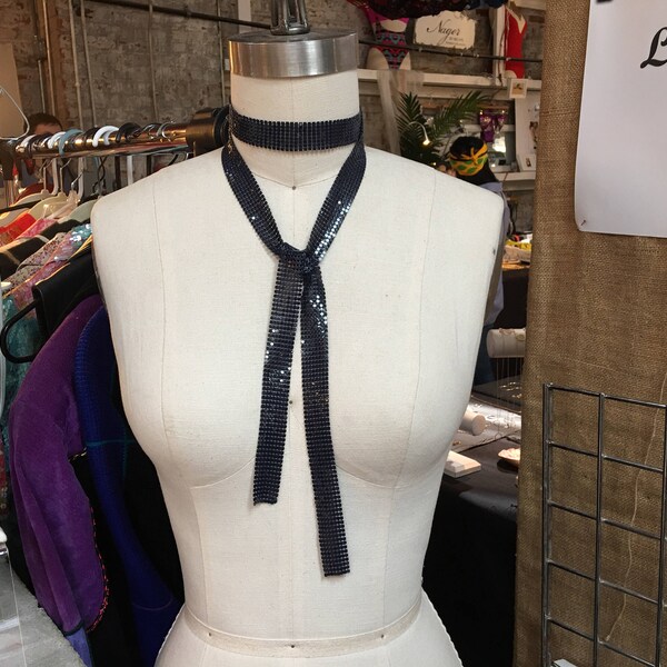 Metal mesh dark blue lariat scarf and or choker necklace