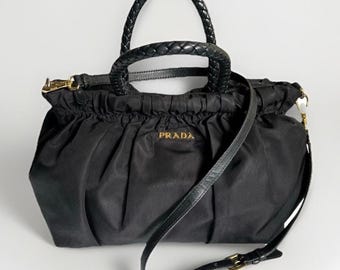 PRADA Authentic Tessuto Gaufre Ruched Nylon Satchel Handbag Black Gold Crossbody