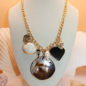 depth - chunky coastal charm necklace - one of a kind - vintage mother of pearl pendant - gold plated - handmade