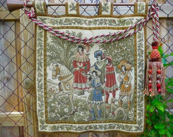 Medieval French Woven Hunting Scene Tapestry with Brass Horn Hanger Pole and Tassel (23 x 24 inches)