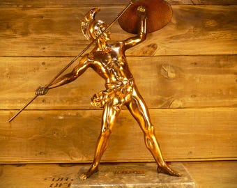 Large Vintage Bronze-Tone Achilleas Statue, Heavyweight Metal Warrior on Stone Base