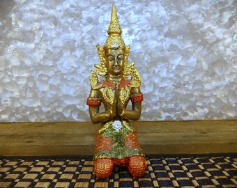 Thai Bronze Gilt-Tone Thepanom Kneeling / Praying Buddha Altar Solid Metal Statue
