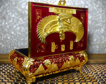 Velvet Red & Golden Winged Goddess Isis Enamelled Metal Egyptian Souvenir Trinket Box