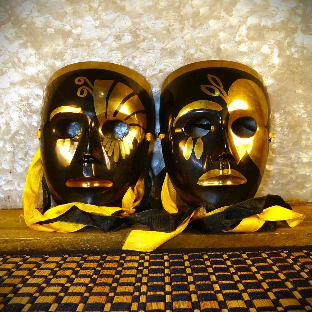 1920s Art Deco Style Black and Gold Enamel Over Cast Brass Wall Masks ...