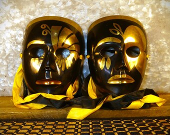 1920s Art Deco Style Black and Gold Enamel Over Cast Brass Wall Masks