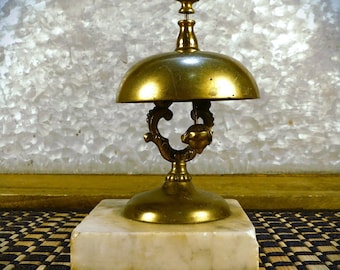 1863 Antique Victorian Ornate Brass Service Front Desk Hotel Bell on Solid Stone Base