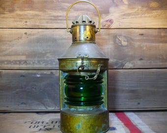 Green Glass and Brass Nautical Vintage Oil Lantern with Natural Patina