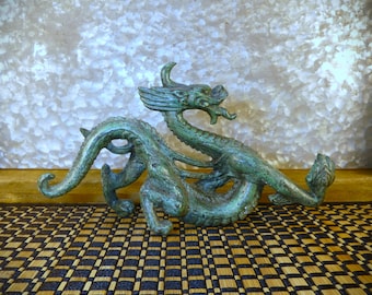 Heavyweight Solid Ironcast Folkart Chinese Dragon with Jade-like Faux Patina