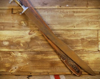 Weathered South American Bolo Style Hunter's Machete with Natural Rustic Patina and Horse Head Pommel (Complete with Hand-Tooled Sheath)