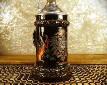 Deutschland Lidded King Beer Stein with Handpainted German Crest & Flags (Made in Germany)