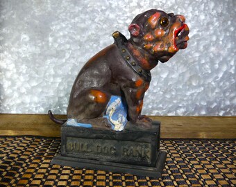 Mechanical Cast Iron Book of Knowledge "BULL DOG BANK" Pull-Bank