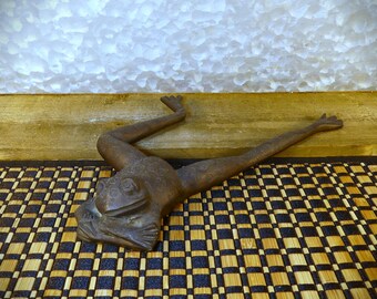 Froggy in Repose Brass Hollow-Cast Garden Figure with Highly Aged Natural Patina Finish