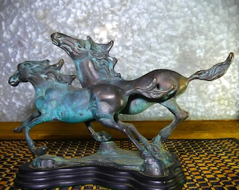 Metal Bronze-Tone Galloping Horses Hollow Cast Statue on a Wooden Felt-Lined Base