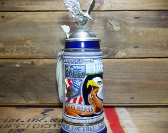 Limited Edition "Land of the Free, Home of the Brave" Original Thewalt Beer Stein with Metal Eagle Topper Made in Germany #1127 of 5000
