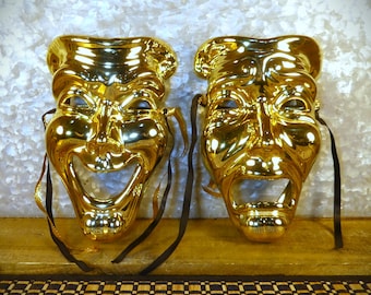 Opera Theater Comedy & Tragedy Gold-Tone Ceramic 8 Inch Metal Mardi Gras Masks with Black and Gold Ribbons