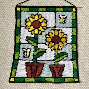 Sunflower Crochet Tapestry Pattern: Stain-Glass Window, Bee Home Decor (PDF Digital Download