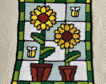 Motif de tapisserie au crochet tournesol : vitrail, décoration d'abeille (téléchargement numérique PDF
