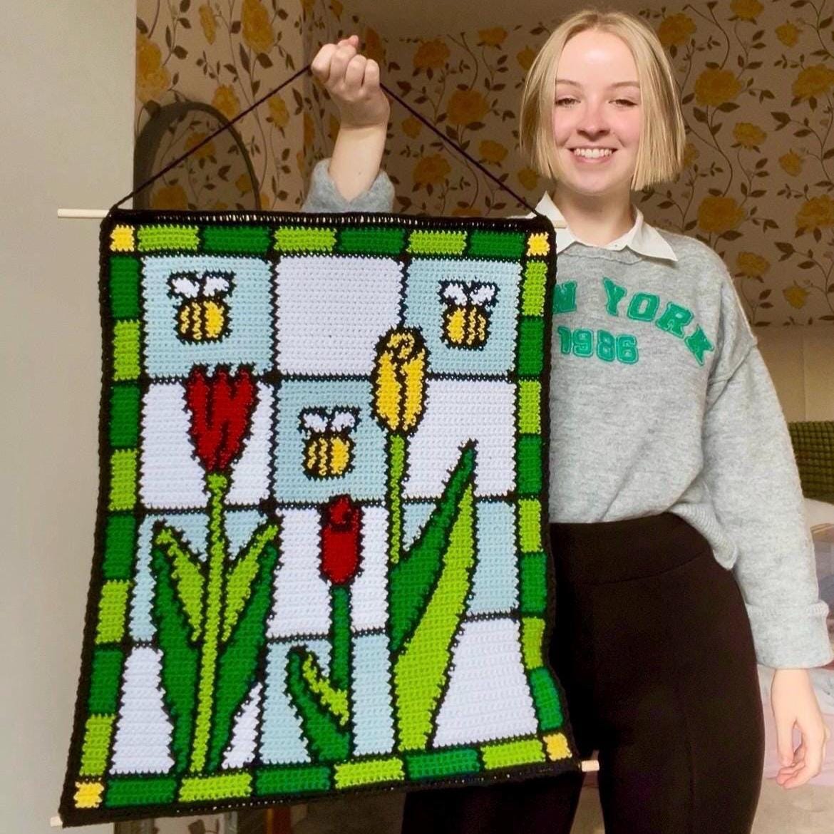 21 Stained Glass Crochet Patterns for Colorful Blankets, Squares, and More 19 Vintage Stained Glass Tulip & Bee Crochet Tapestry