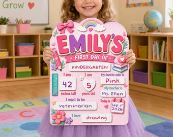 Customized First Day of School Sign For Girls, Custom Reusable Back to School Board, Pink Rainbow School Prop, Kids Gift