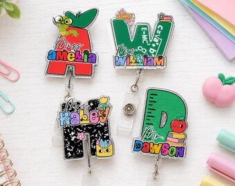 Custom Teacher Appreciation Gift Badge Reel, Personalized Name Initial ID Holder, Retractable Badge Clip for Teacher, Gift for Teachers