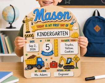 Custom Construction First Day of School Sign for Boys, Personalized Back to School Board, Truck Digger School Prop Kids, Reusable Sign