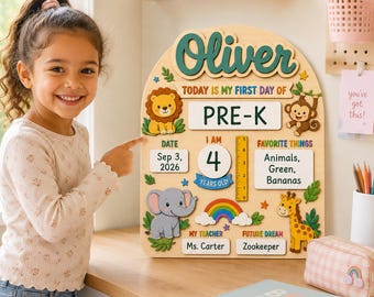 Custom Safari First Day of School Sign, Personalized Wooden Back to School Board, Jungle Animal School Prop Kids, Reusable Milestone Sign