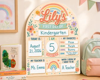 Custom Rainbow First Day of School Board, Personalized Boho Back to School Sign, Editable School Photo Prop, Reusable Sign For Girls