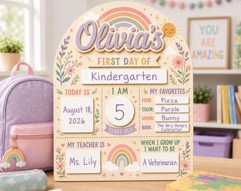 Custom Boho Rainbow First Day of School Sign for Girls, Personalized Back to School Board,  Editable School Photo Prop, Reusable Milestone