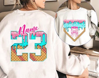 Personalized Baseball Mom Ice Cream Drip PNG, Baseball Waffle Cone Png, Custom Name And Number Shirt Png, Sport Mom Gift, Digital Download