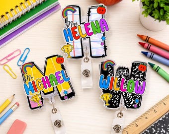 Personalized Teacher Badge Reel, Custom Name Initial ID Badge Holder, Teacher Appreciation Gift, Retractable Badge Clip, Back to School Gift