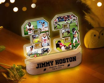 Customized Football Number Photo Collage Night Lights, Football Player Gift With Custom Name & Number, High School Sport Gift
