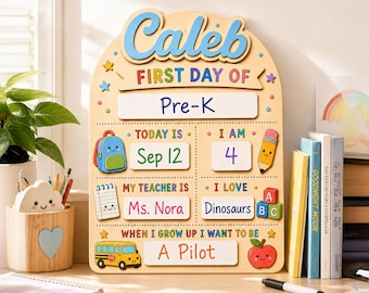 Personalized First Day of School Photo Prop, Editable Wooden Back to School Sign, First Day of Preschool Kindergarten Board, Reusable Sign