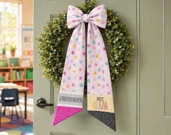 Customized Teacher Pencil Door Bow, Custom Teacher Name Wreath Sash Front Door Hanger, Back To School Gift, Classroom Decor, School Supplies