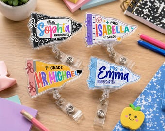 Personalized Pennant Teacher Badge Reel, Custom Name Grade Level ID Badge Holder, Retractable Badge Clip, Back to School Teacher Gift