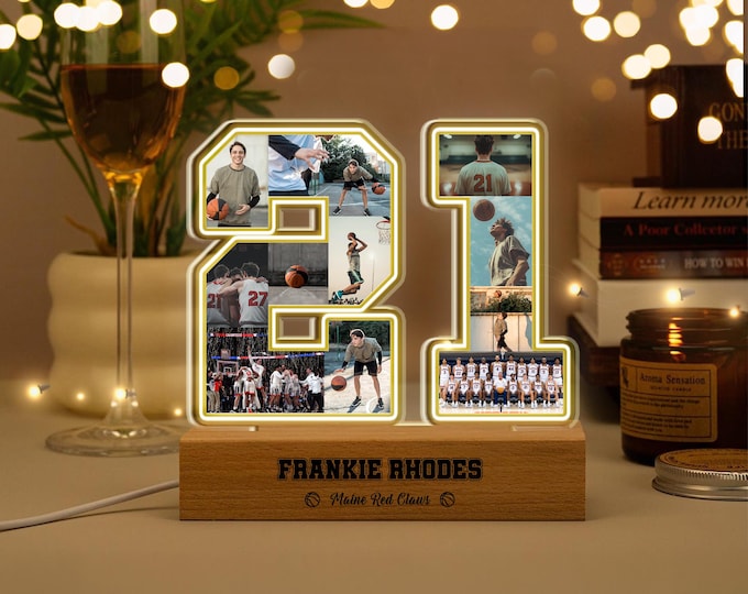 Customized Basketball Number Photo Collage Night Lights, Basketball Player Gift With Custom Name & Number, High School Sport Gift