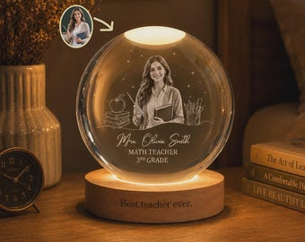 Custom Teacher Portrait Crystal Ball Night Light, Customized 3D Laser Engraved Teacher Photo Lamp, Teacher Appreciation Gift, Back To School