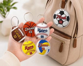 Custom Sports Tag, Personalized Name Number Acrylic Keychain, School Bag Charm, Backpack Name Tag, Sport Keyring, Lunch Box Tag