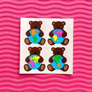 Vintage Sandylion Kromekote Stickers: Teddy Bear With Globe