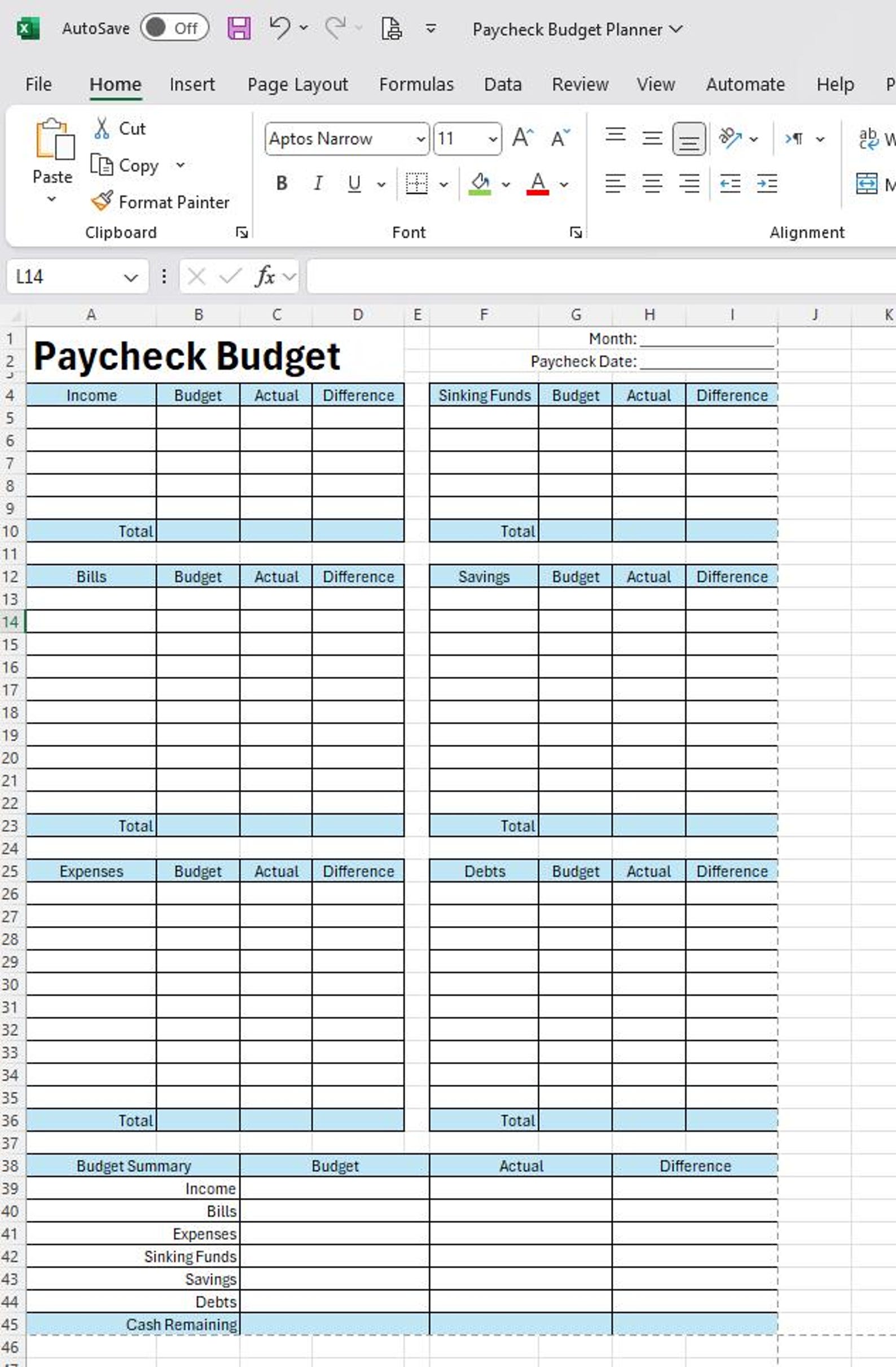 Zero Based Budget Paycheck Planner Detailed Financial Organizer for