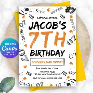 Invito per festa di compleanno per ragazzo 7° compleanno Invito per numero ragazzo Invito per compleanno per ragazza 7° compleanno Biglietto di compleanno per bambini Invito per festa modificabile per ragazzo Bambino NM1