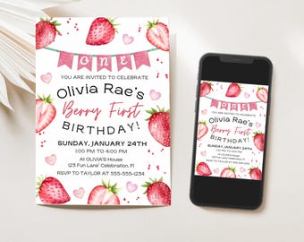 May include: A pink and white birthday invitation with a strawberry theme. The invitation says "You are invited to celebrate Olivia Rae's Berry First Birthday!" with the date and time of the party. The invitation is decorated with strawberries, hearts, and pink banners.
