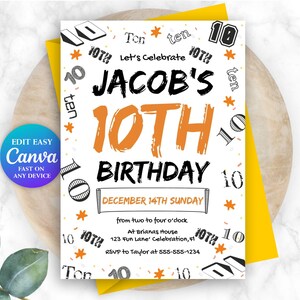 Invito per la festa del 10° compleanno di un ragazzo Invito per il numero di un ragazzo Invito per il decimo compleanno di una ragazza Biglietto di compleanno per bambini Invito per la festa modificabile di un ragazzo Bambino NM1