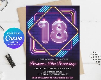 May include: A neon pink and blue 18th birthday party invitation with a brick background. The text reads "Please join us in celebrating Brian's 18th Birthday!" with the date, time, and location below.