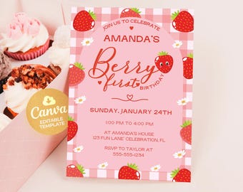 May include: Pink and white gingham patterned invitation with a strawberry design. The text reads "Join us to celebrate Amanda's Berry First Birthday. Sunday, January 24th, 1:00 PM to 4:00 PM, at Amanda's House, 123 Fun Lane' Celebration, FL. RSVP to Taylor at 555-555-1234."