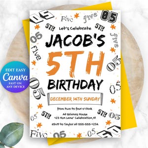 Invito per la festa del 5° compleanno del ragazzo Invito per il numero del ragazzo Invito per il quinto compleanno della ragazza Biglietto di compleanno per bambini Invito per la festa modificabile del ragazzo Bambino NM1