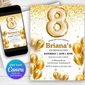 8th Birthday Golden Invitation Girls Gold Glitter Birthday Invite Boy Gold Balloons Invite Girl eighth Birthday Party Numeric Invitation GL1