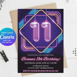 Boy 11th Birthday Invitation Boy Neon Glow Party Invite Boy Number Invite Girl 11th Birthday Party Teenager Birthday invite Kid Birthday N01